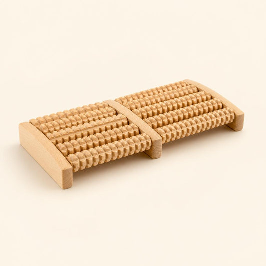 Dual wooden foot massager roller, front view